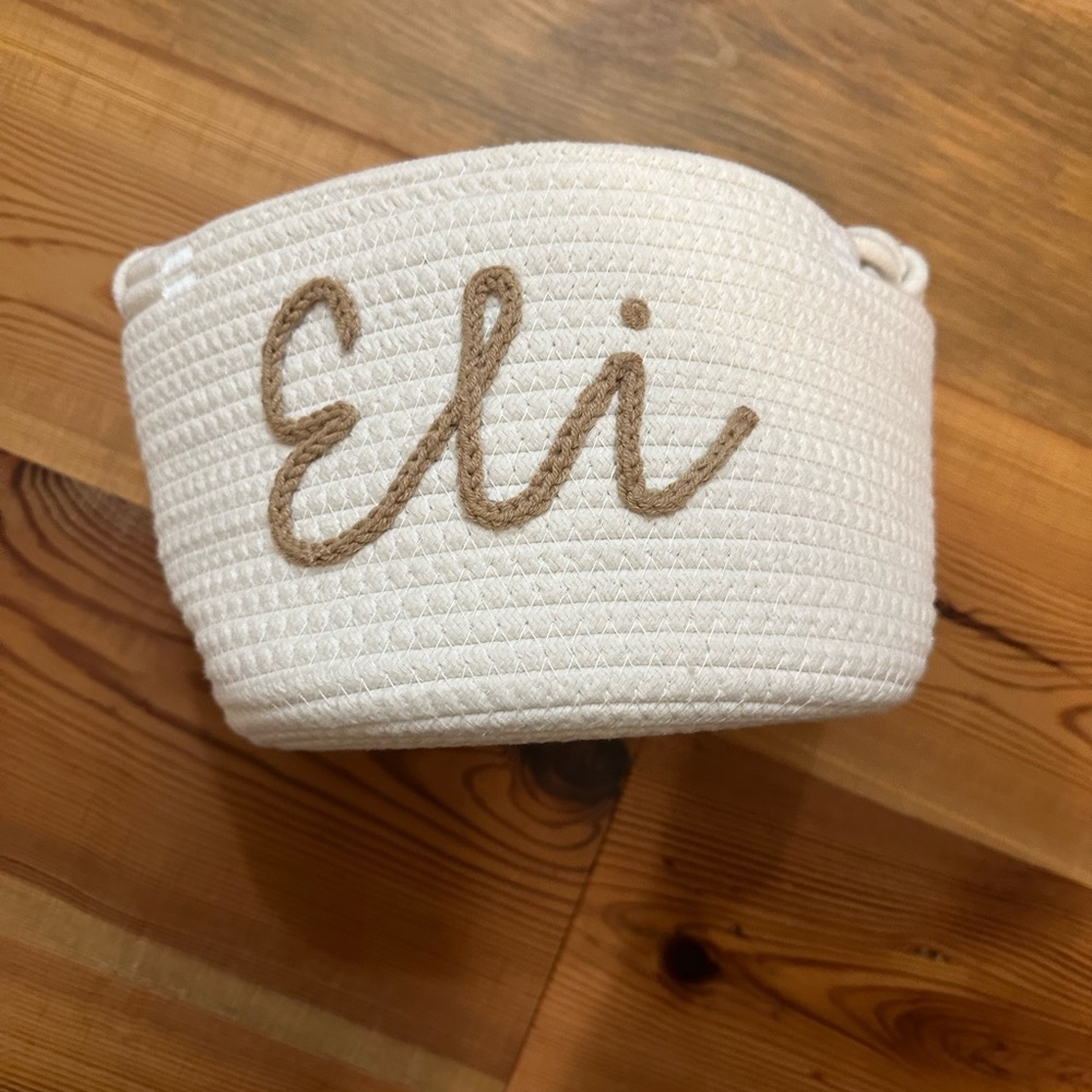 White Woven Basket with Tan 'Eli' Embroidery
